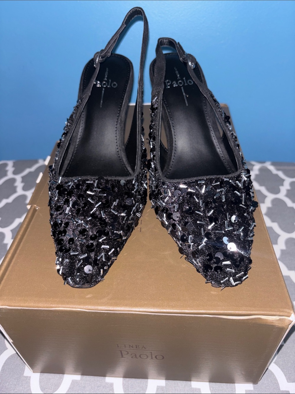 Paolo Black Sequin & Bead Pointed Slingback Flats
